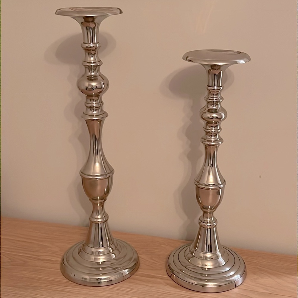 2pc Large Candlestick / Silver / Metal / Pillar - Picture 2 of 4